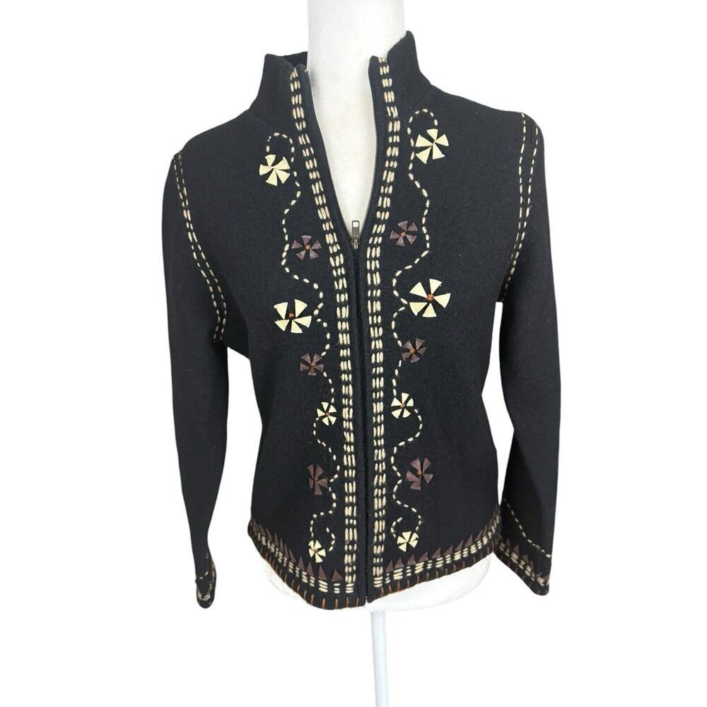 Lauren Hansen Sweater Womens S Black Wool Leather Floral Embroidered Vintage - Picture 6 of 14